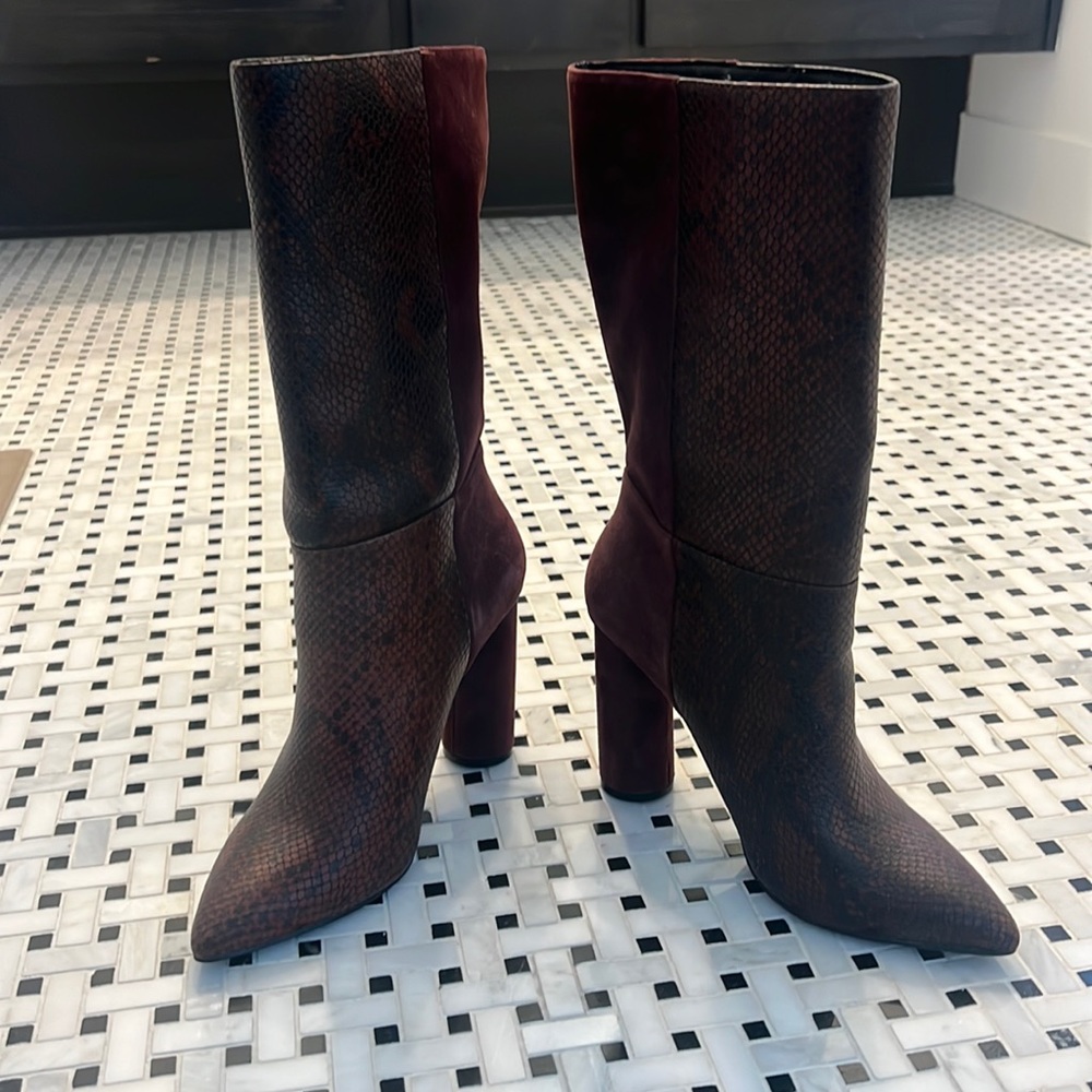 8.5 maroon, suede, and snakeskin boots with round heels.